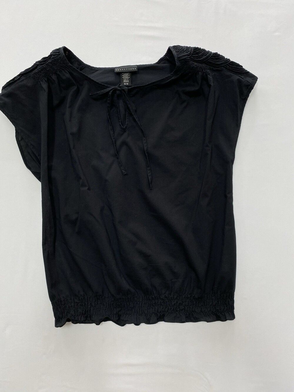 Apostrophe Black Smocked Waist Rosette Shoulder Blouse Size M Romantique